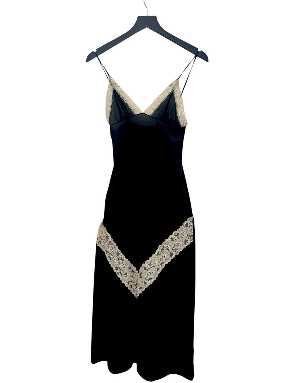 VTG Duchess Nylon Black Slip Midi Dress Adj. Size Small Lace Trim 1950s